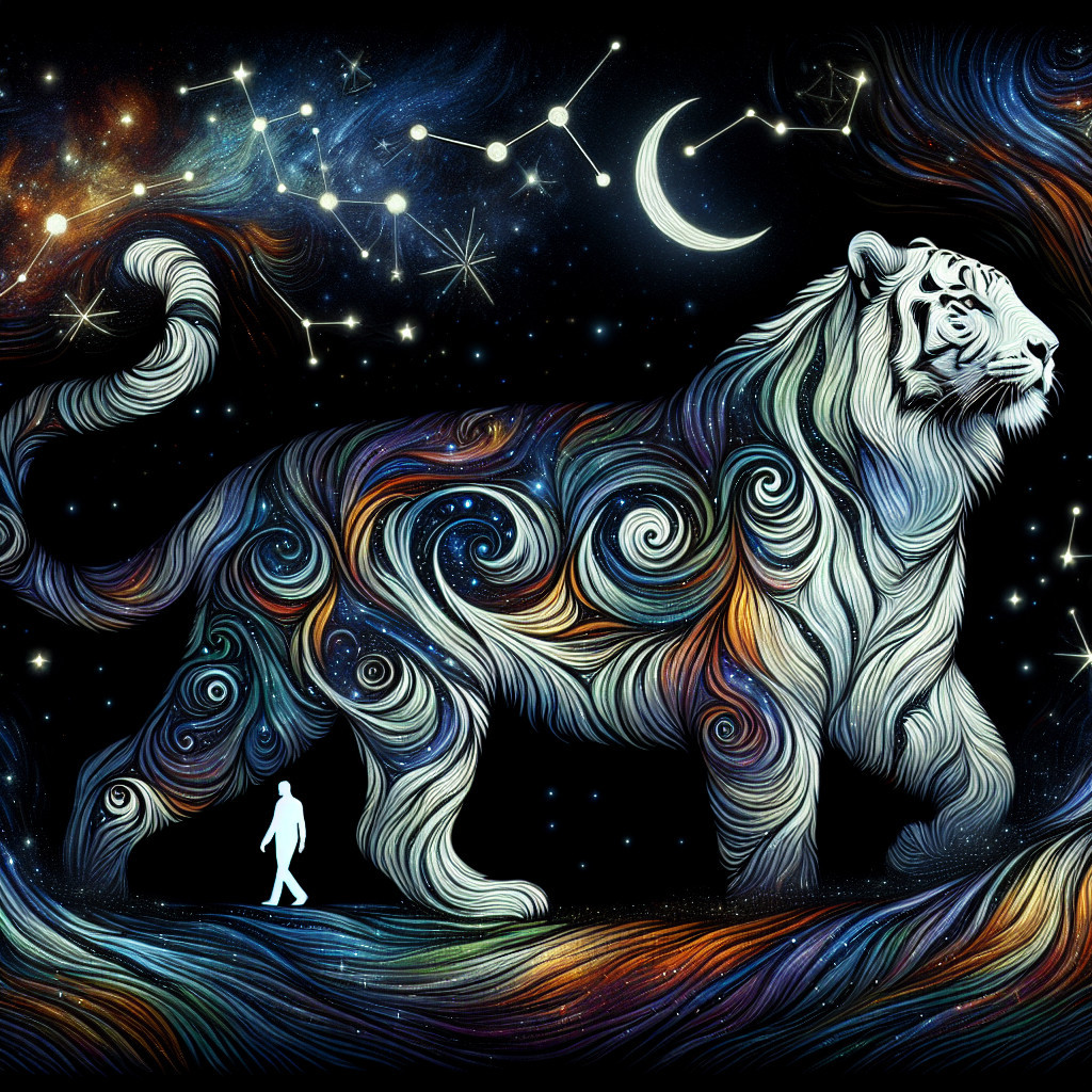 Majestic Tiger in Cosmic Scene with Human Figure