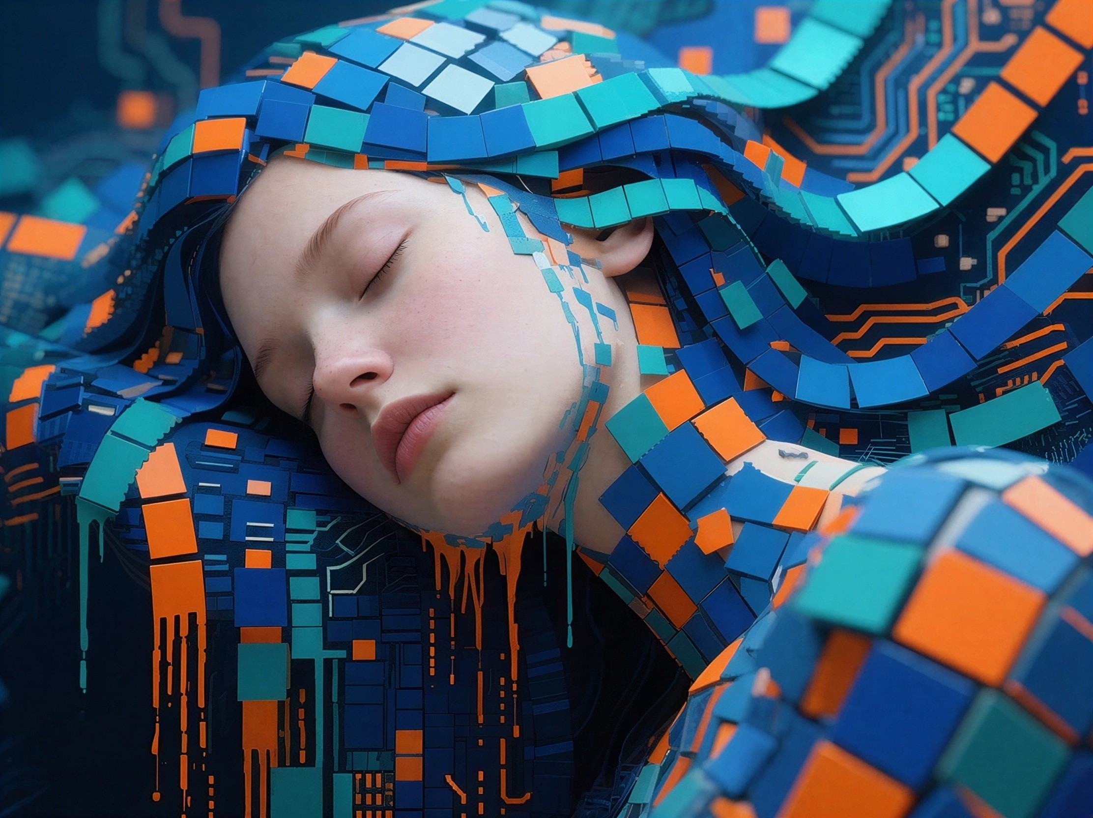 Close-Up of Young Woman with Mosaic Tile Patterns