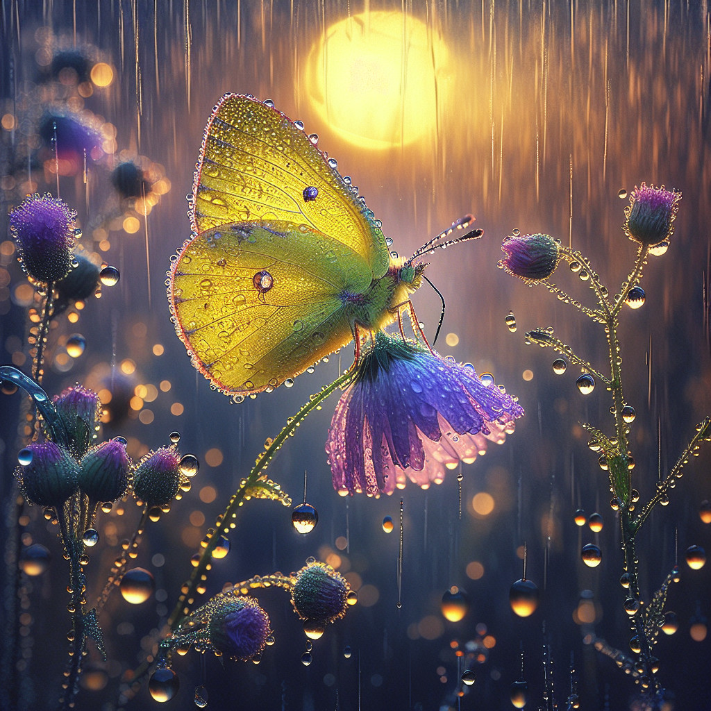Yellow Butterfly on Purple Flower with Raindrops