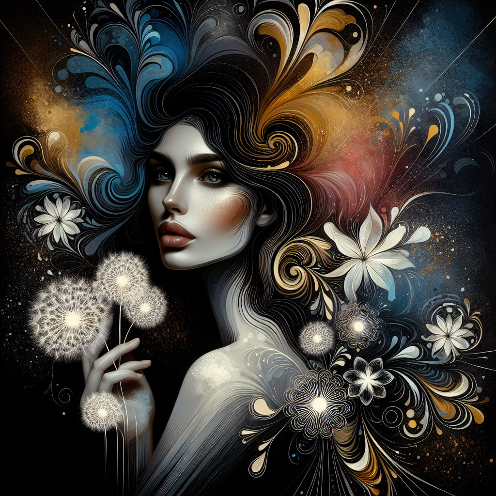 Stylized portrait of a woman with floral hair design
