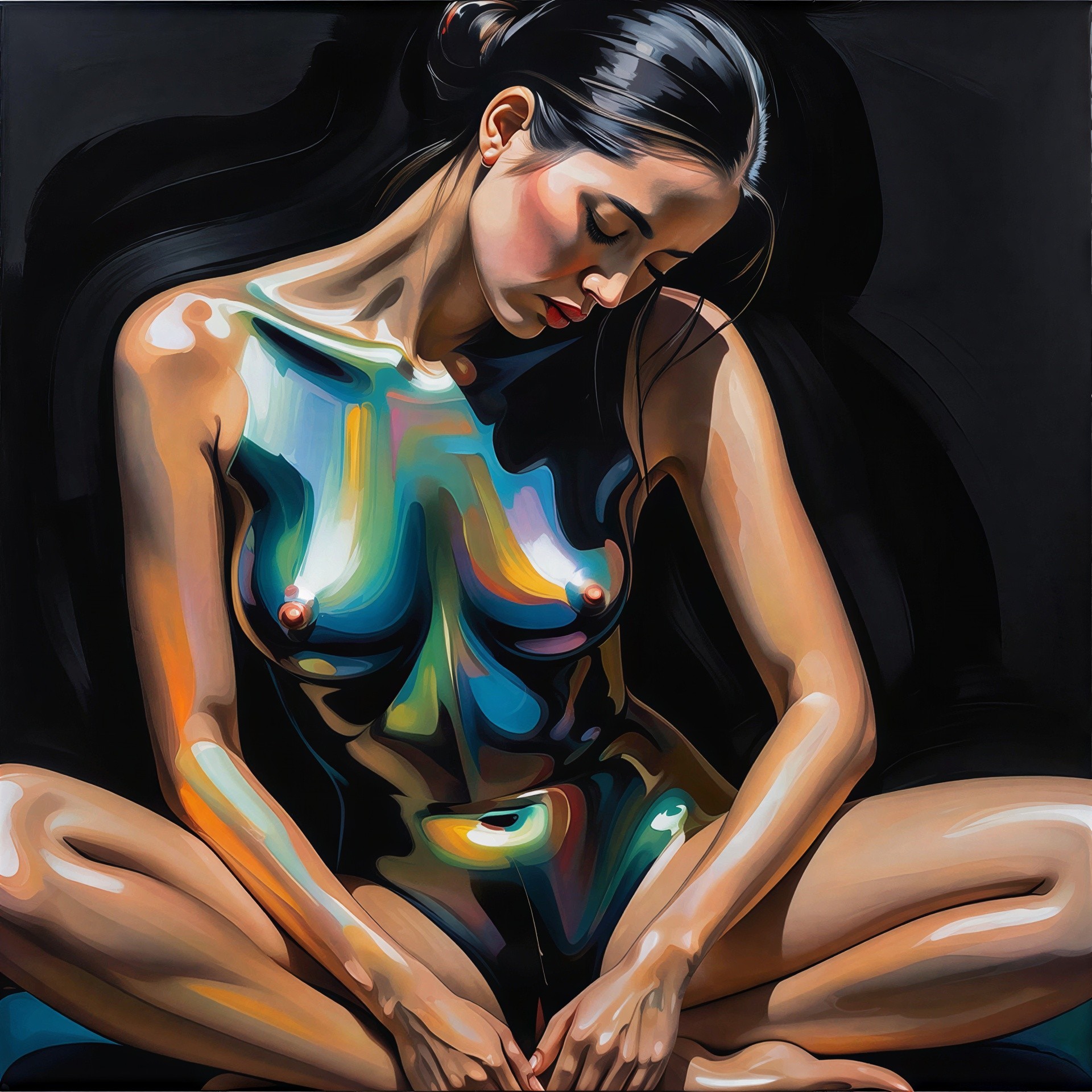 Meditative Woman with Colorful Liquid Paint Details