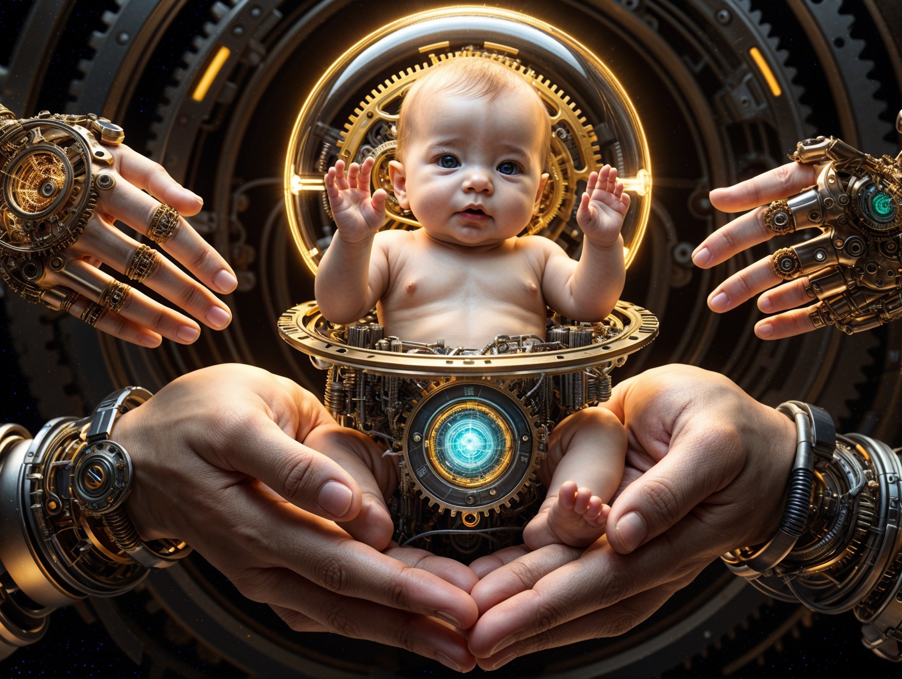 Futuristic Scene of Baby in Mechanical Cradle