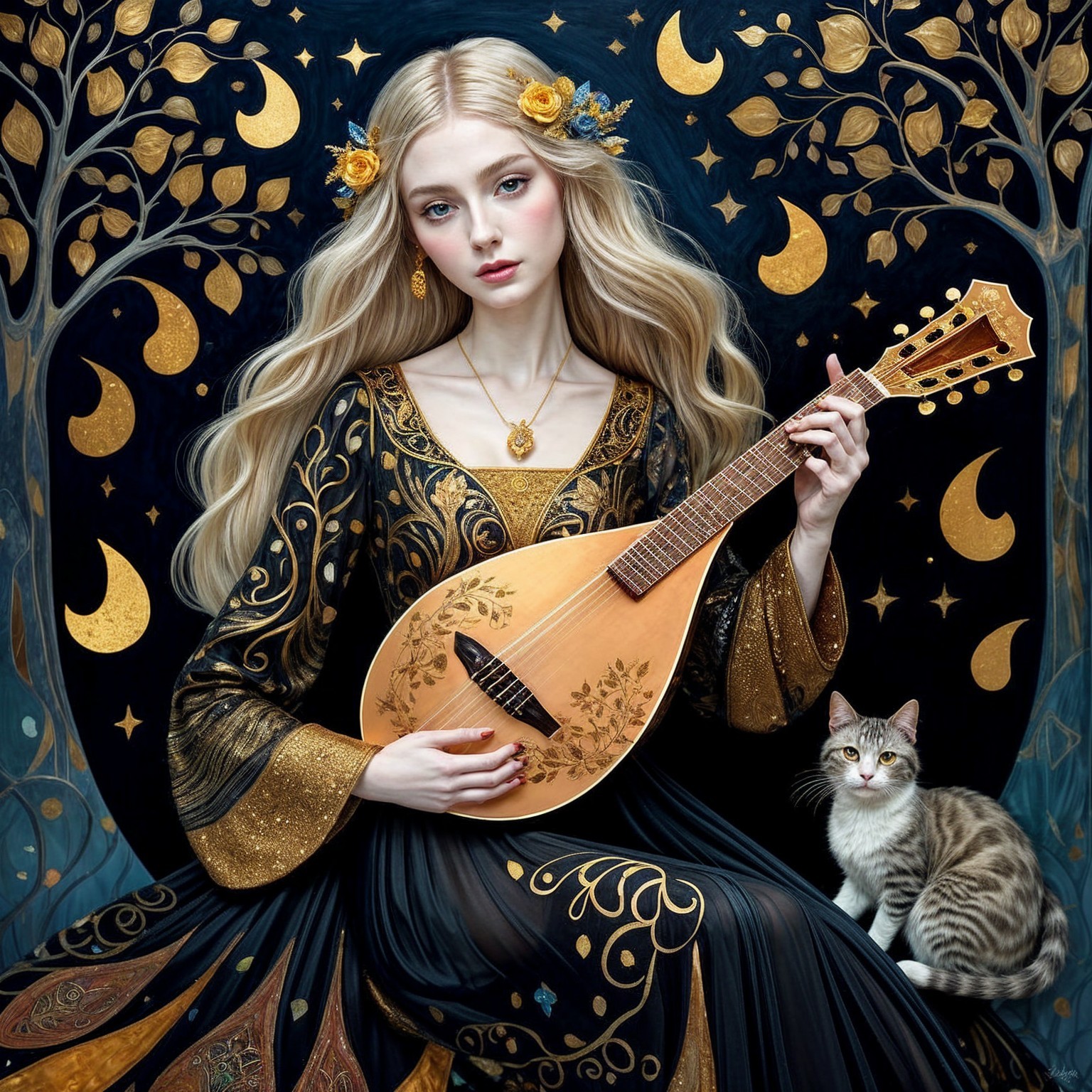 Serene Woman in Moonlit Garden with Lute and Cat