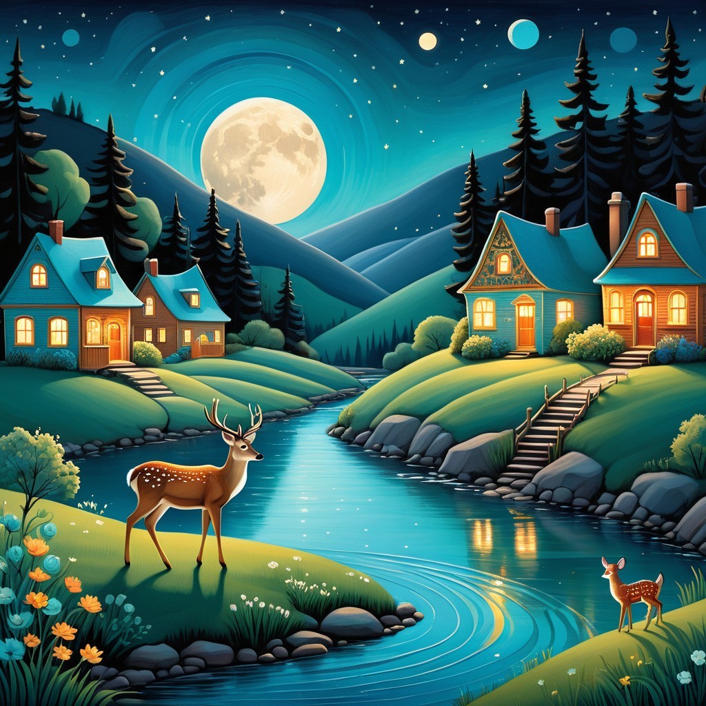 Serene Night Landscape with Full Moon and Deer