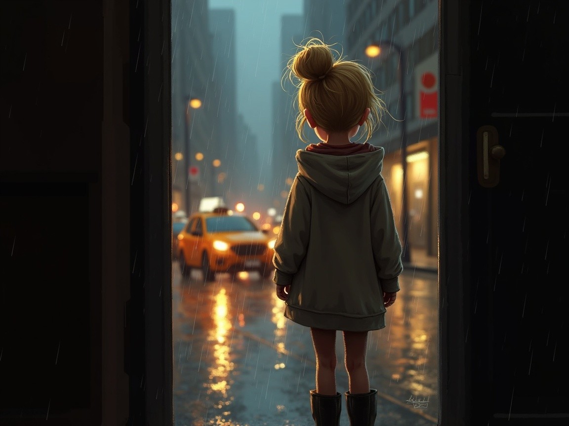 Young Girl Observing Rainy City Street Scene