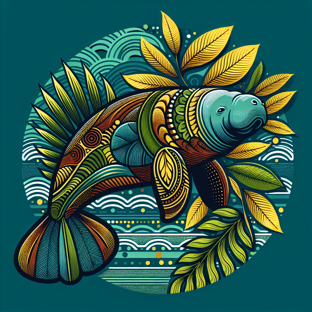 Stylized Manatee with Intricate Patterns and Nature Elements