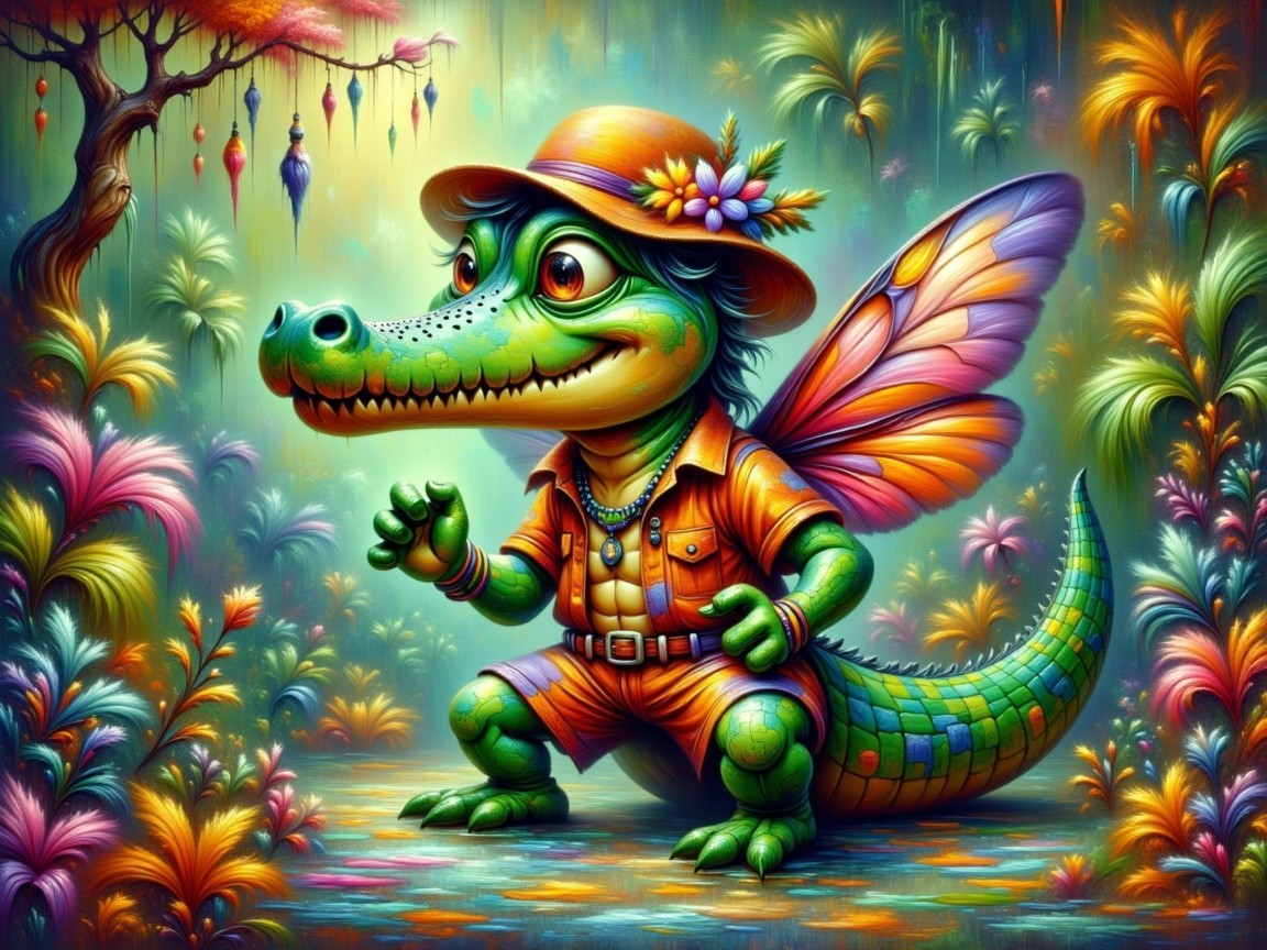 Whimsical Crocodile-Fairy Creature in Fantasy Landscape