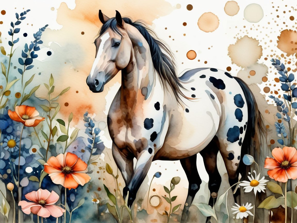 Majestic horse with floral backdrop in watercolor art