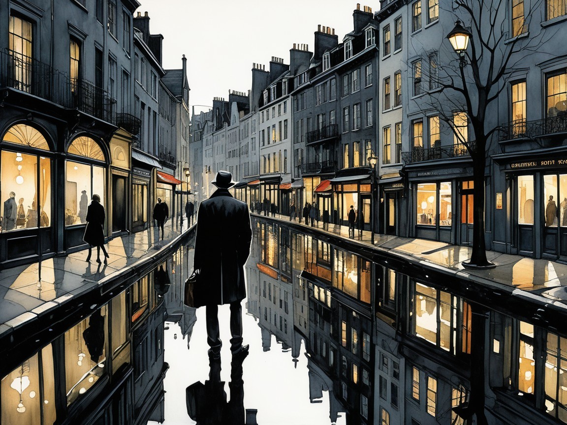 Rainy Street Scene with Warm Shop Lights and Silhouettes