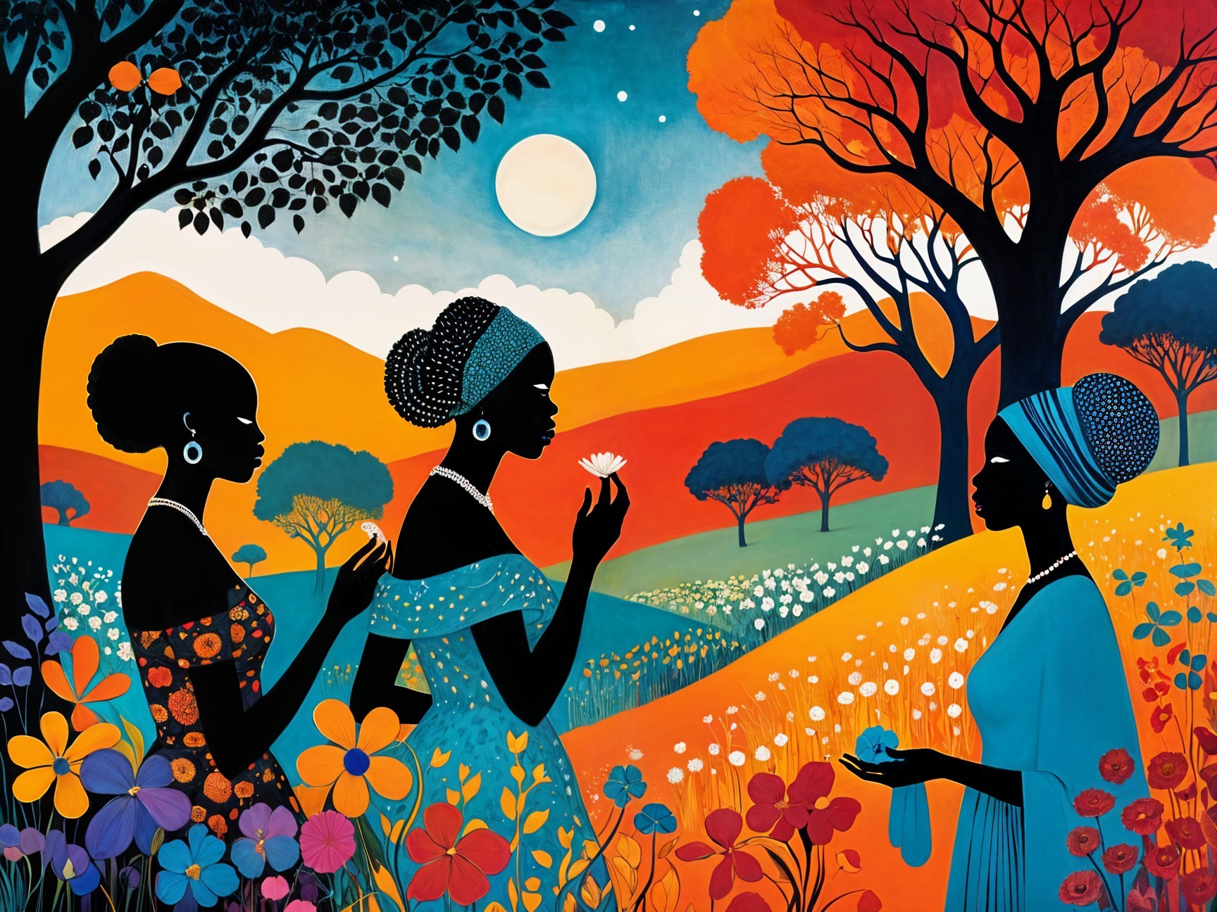 Silhouetted Women in Vibrant Outfits Amidst Nature