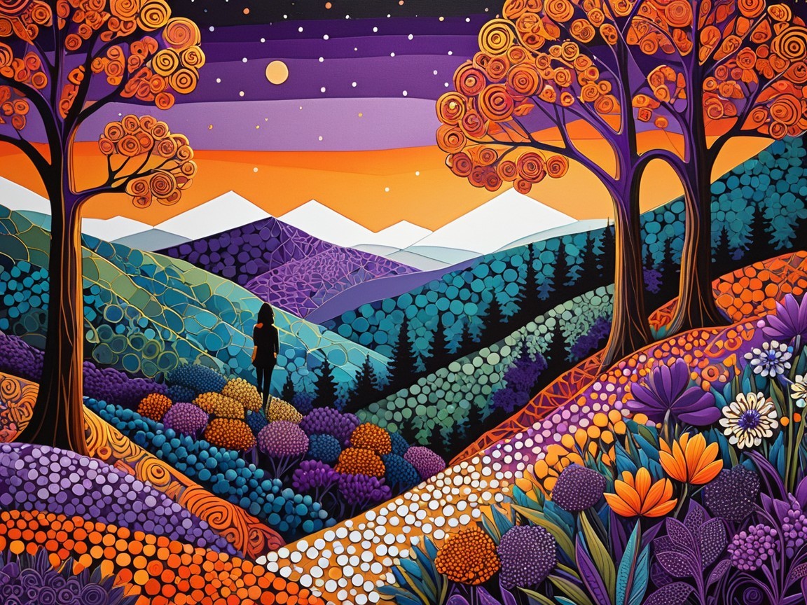 Vibrant Landscape with Stylized Trees and Distant Mountains