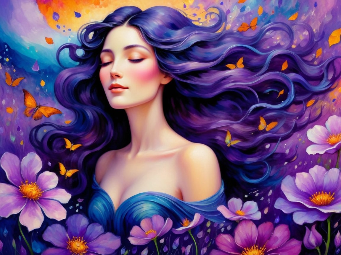 Serene Woman with Purple Hair in Nature Setting