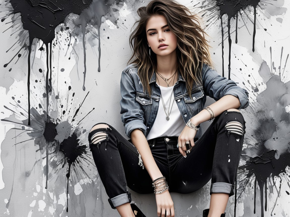 Young woman in denim jacket poses with graffiti backdrop