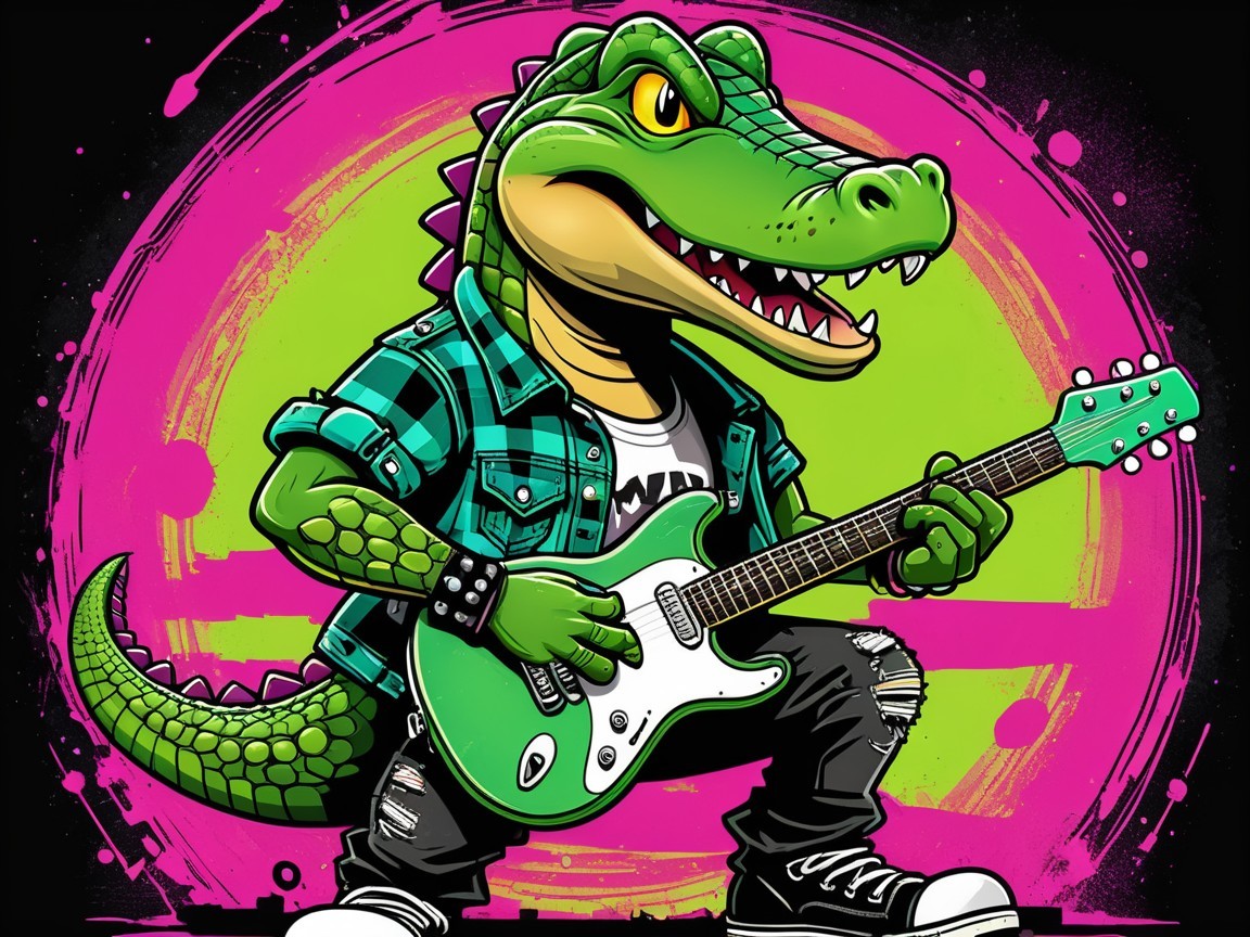 Cartoon Alligator Playing Electric Guitar in Neon Colors