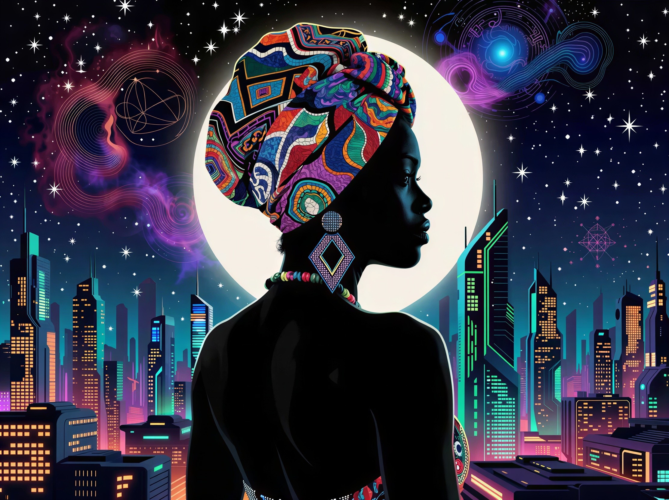 Dark-skinned woman overlooking neon city skyline at night