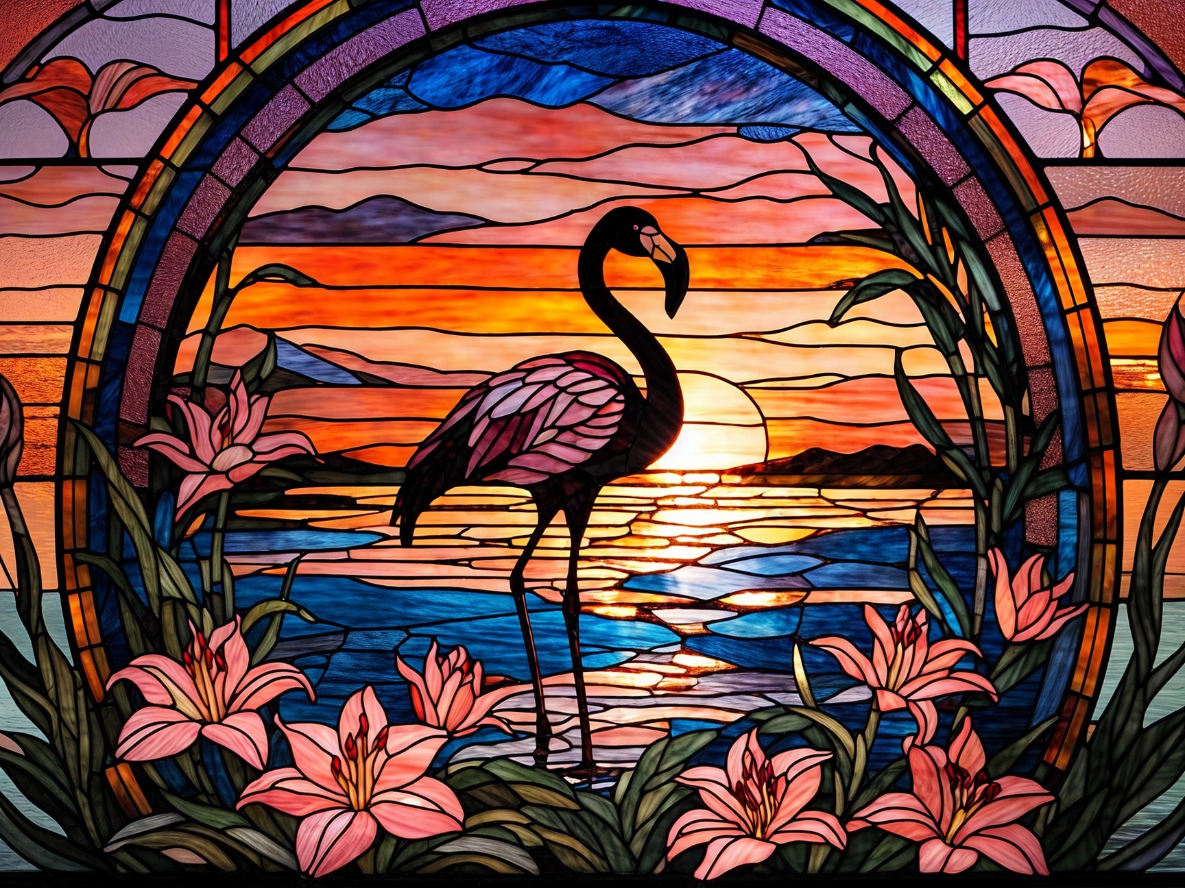 Vibrant Stained Glass Artwork of Flamingo at Sunset