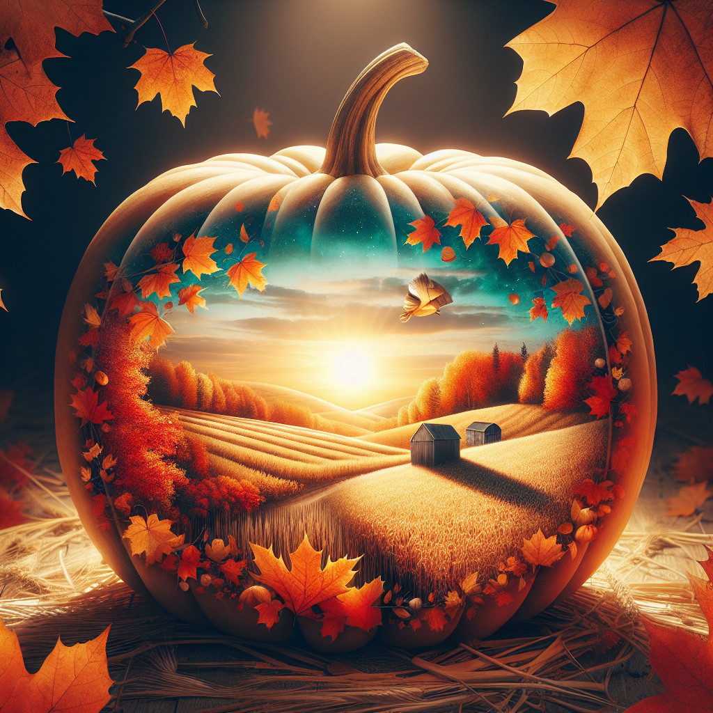 Carved Pumpkin Depicting Autumn Landscape Scene