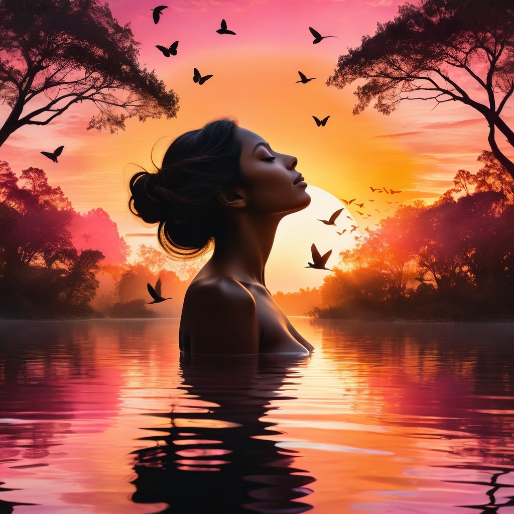 Woman in tranquil lake at sunset with butterflies