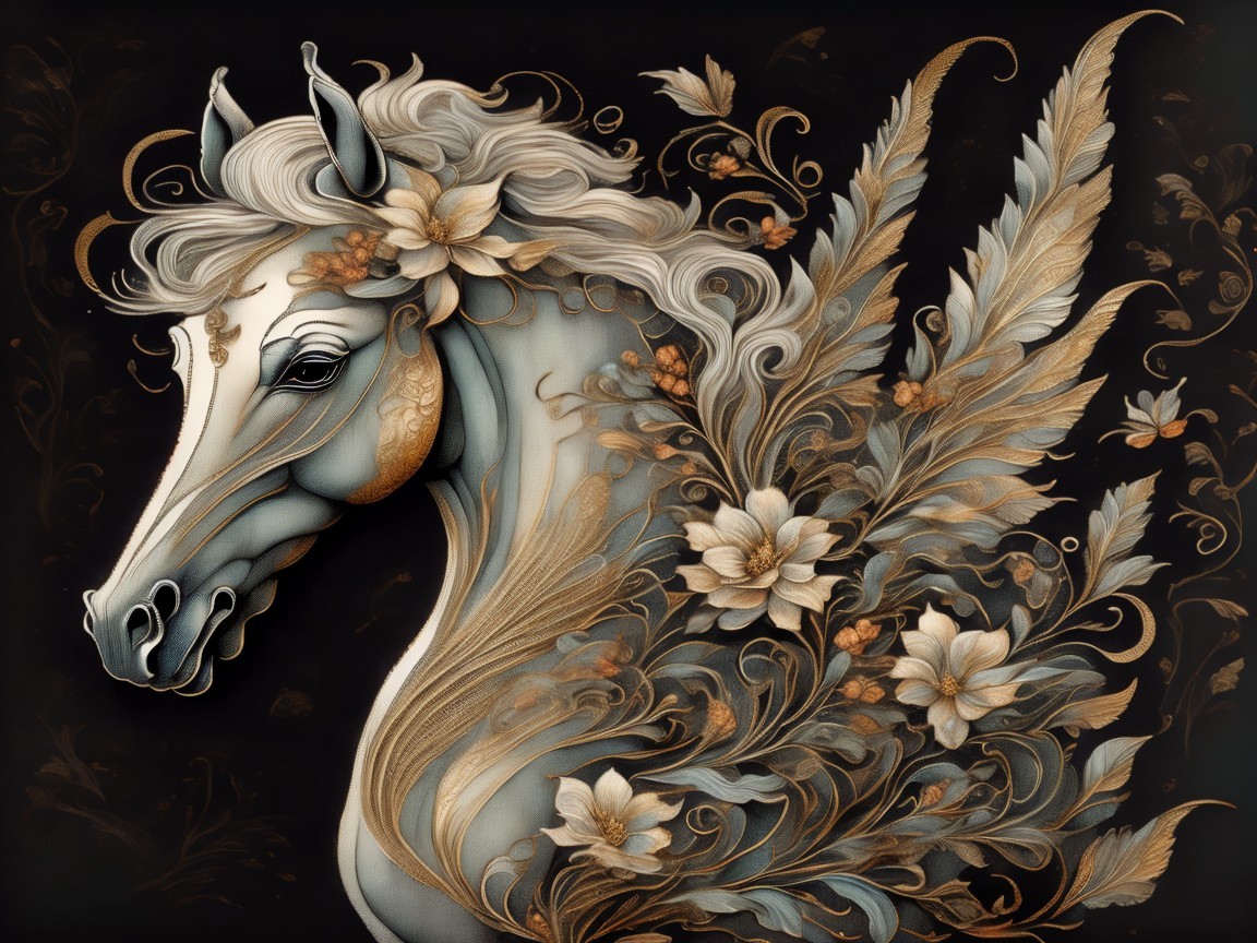 Ornate horse head with floral designs and feathers
