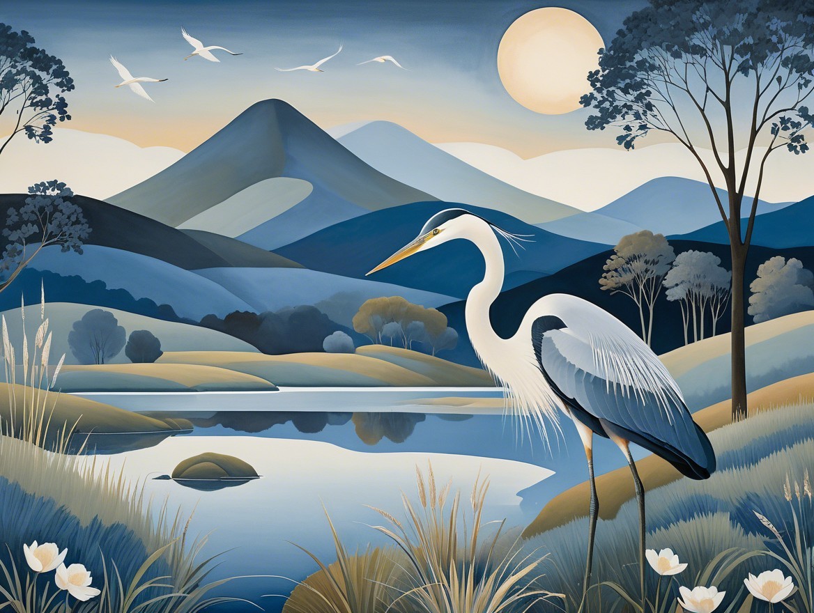 Serene Landscape with Heron by Tranquil Lake