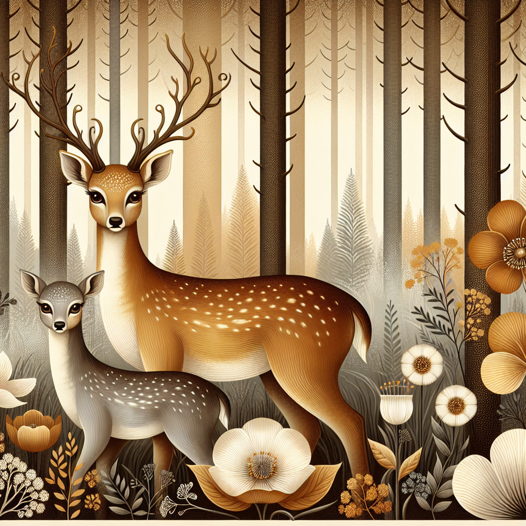 Serene Woodland Scene with Deer and Fawn