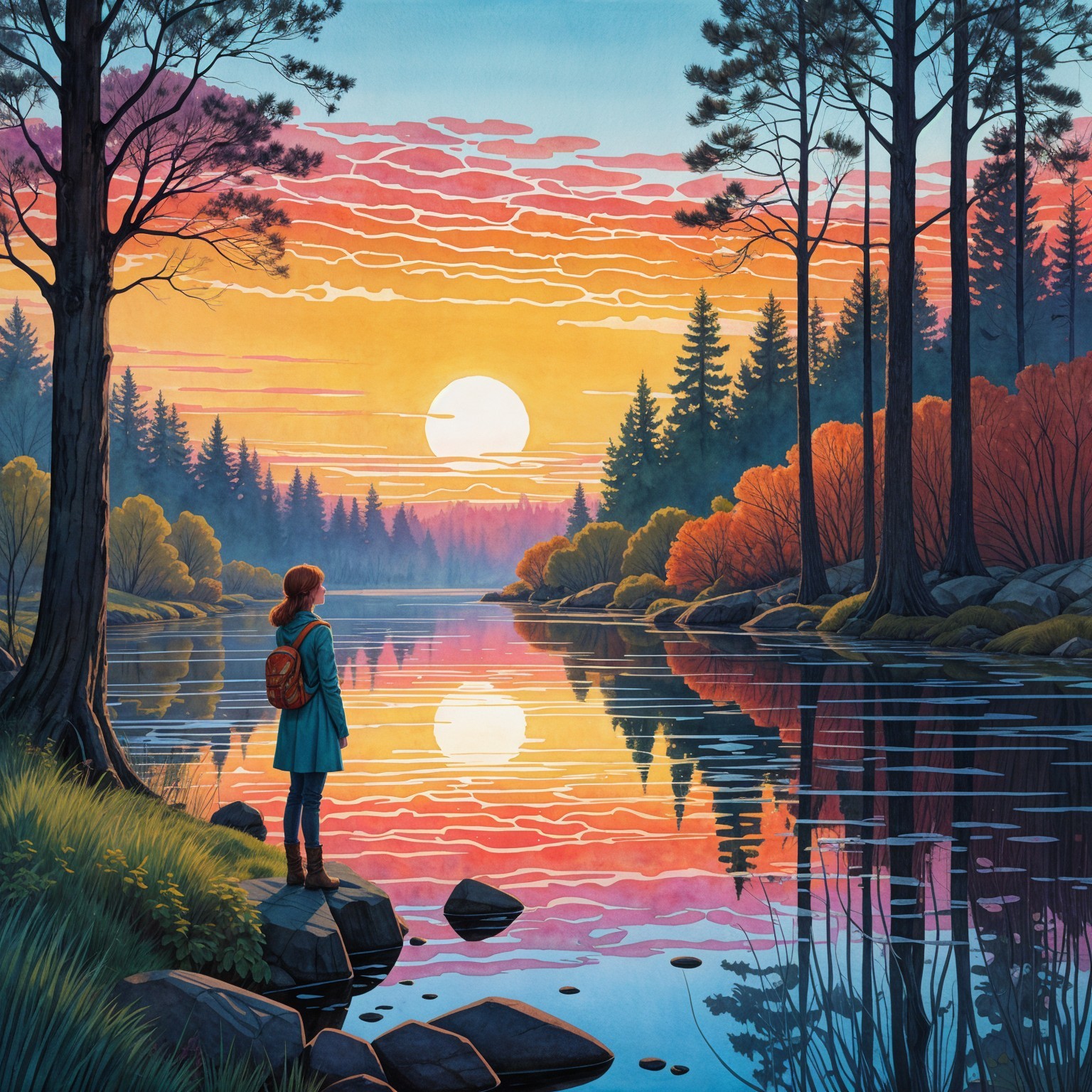 Young Girl by Tranquil River at Sunset Landscape