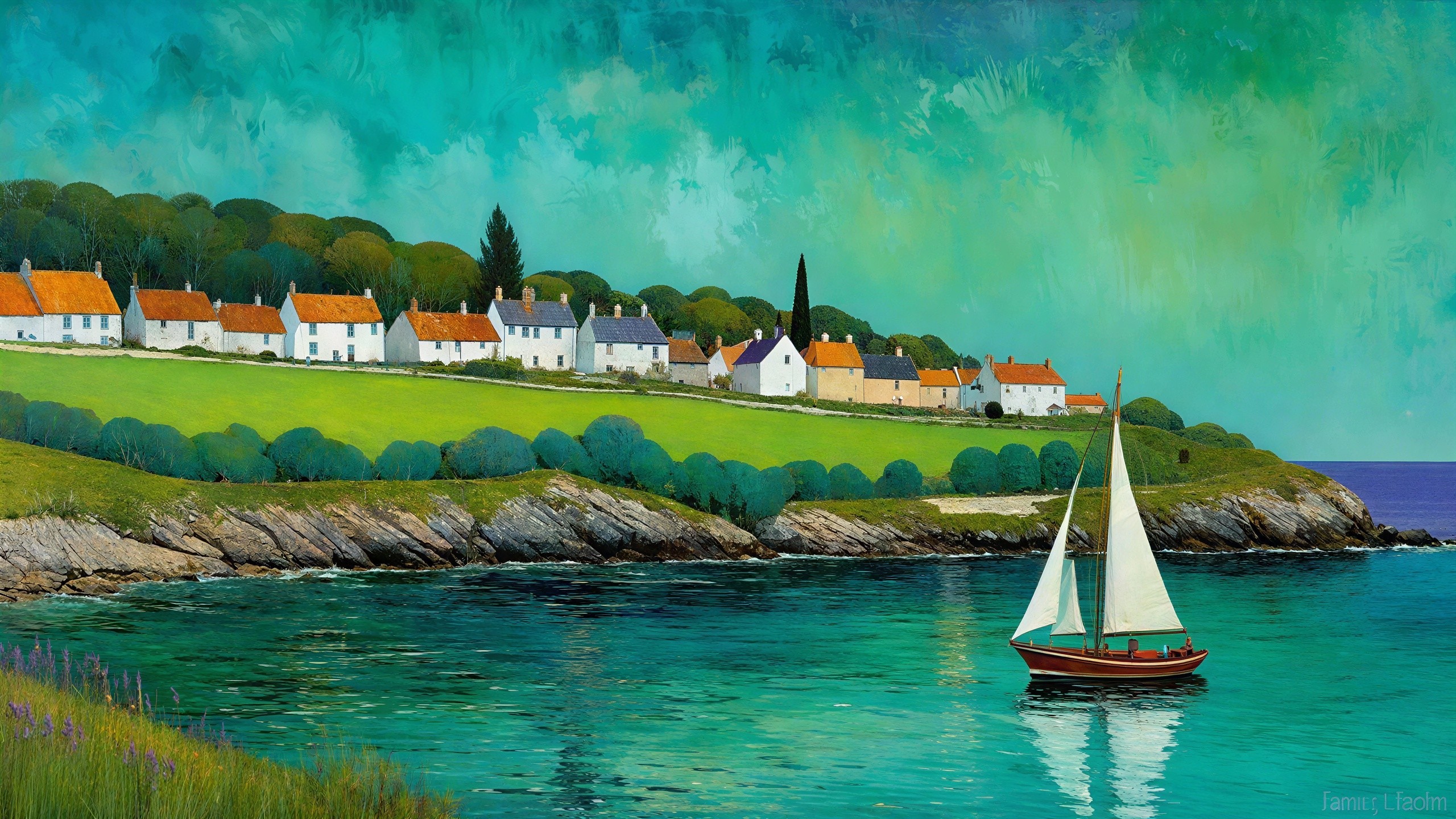 Coastal Village on Green Hillside with Serene Bay