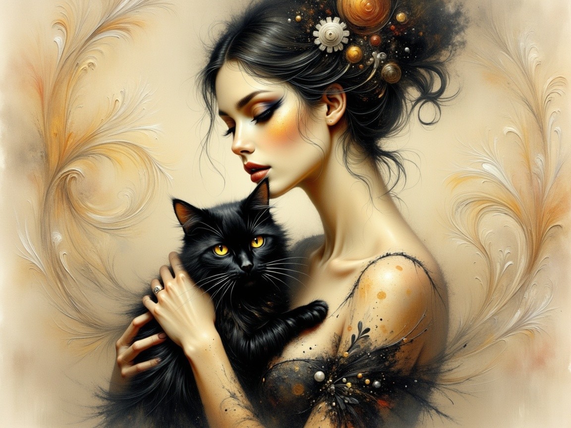Serene Woman with Black Cat in Dreamy Background