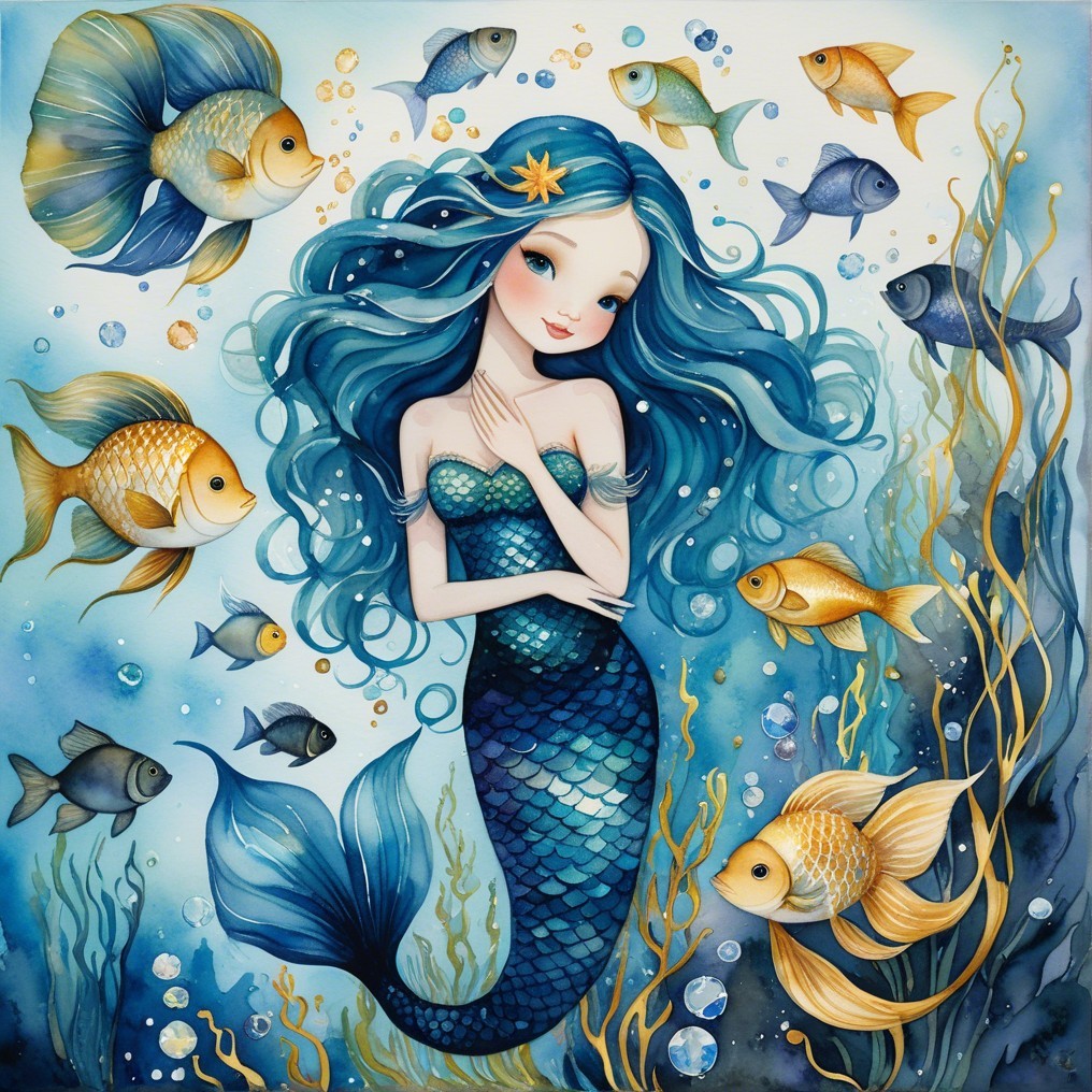 Whimsical Underwater Scene with Mermaid and Marine Life
