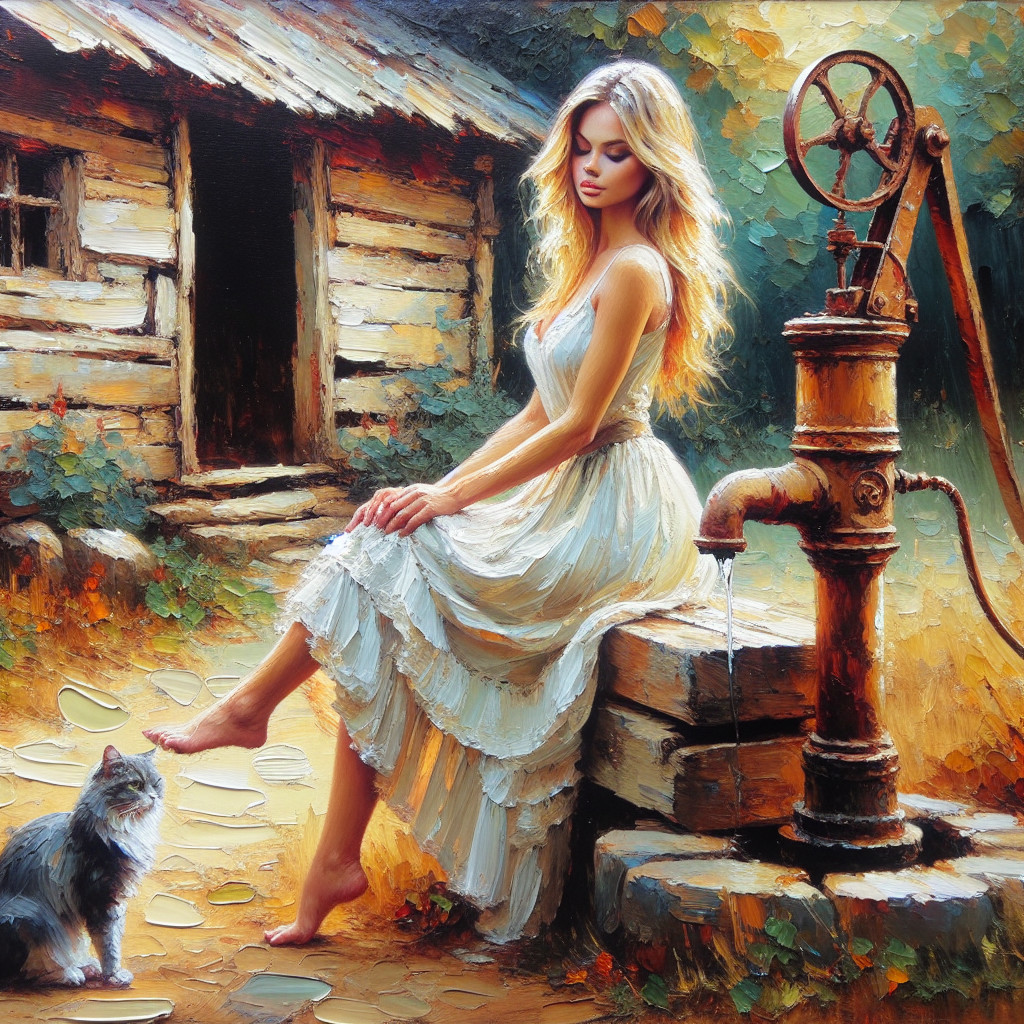 Serene outdoor scene with a woman and a cat