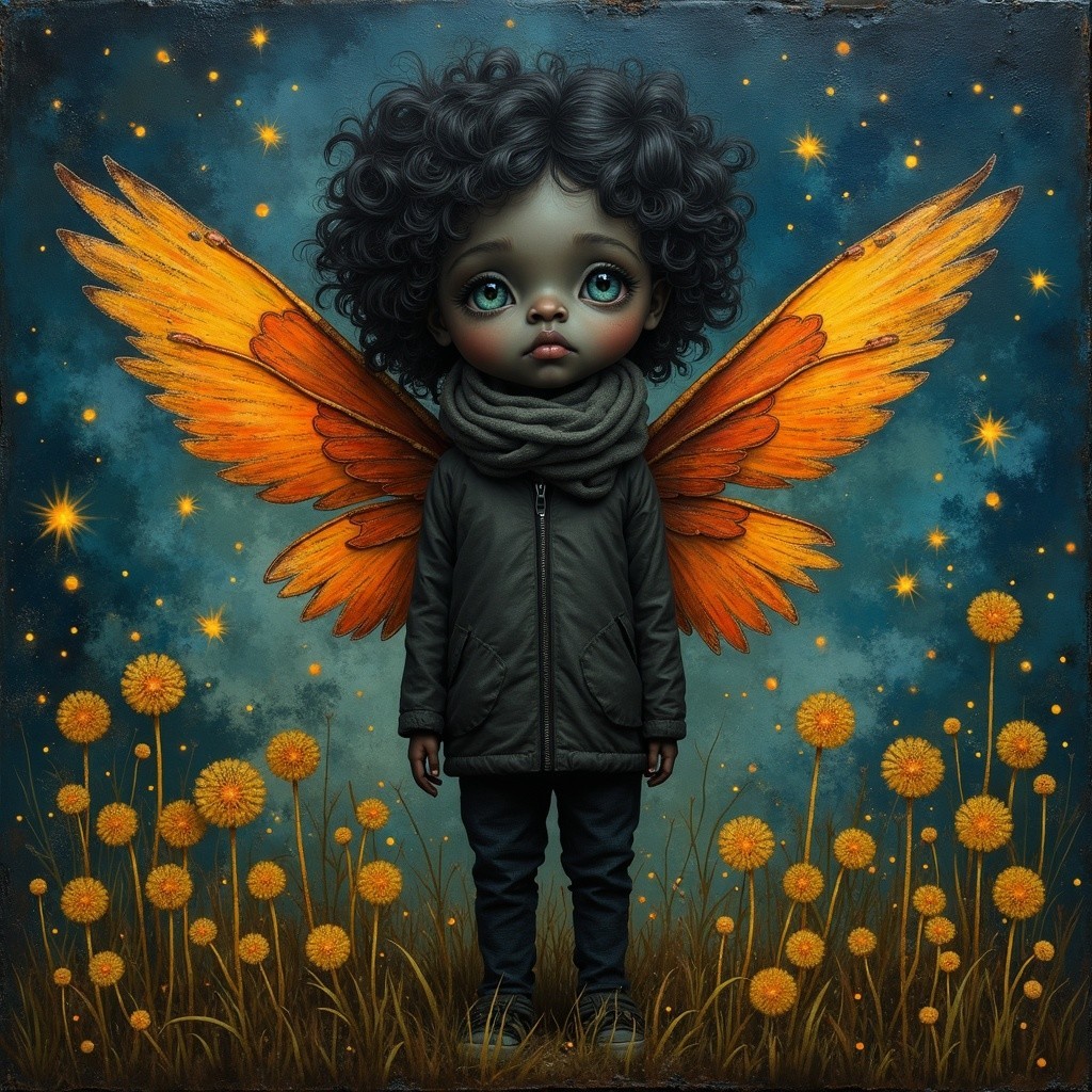 Whimsical Child in Vibrant Field with Butterfly Wings