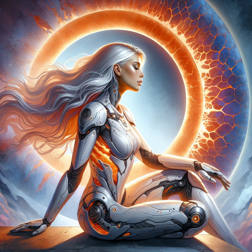 Futuristic Female Cyborg in Dark Rocky Landscape