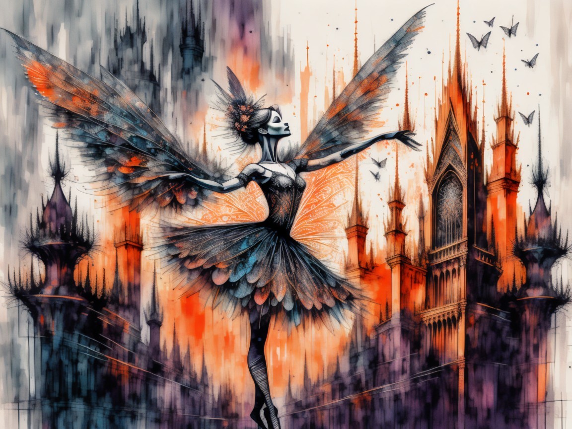 Skeleton Fairy with Feathers and Gothic Castle Background