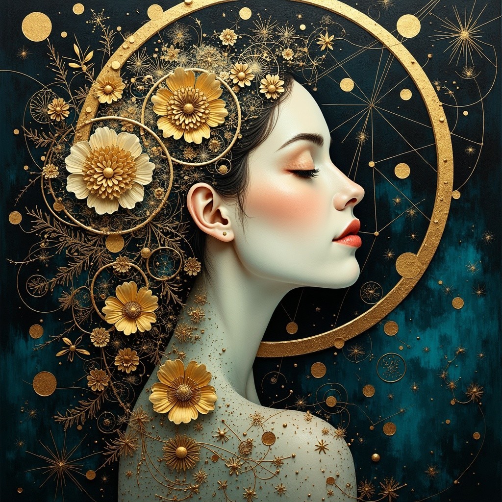 Serene Portrait of Woman with Golden Floral Motifs