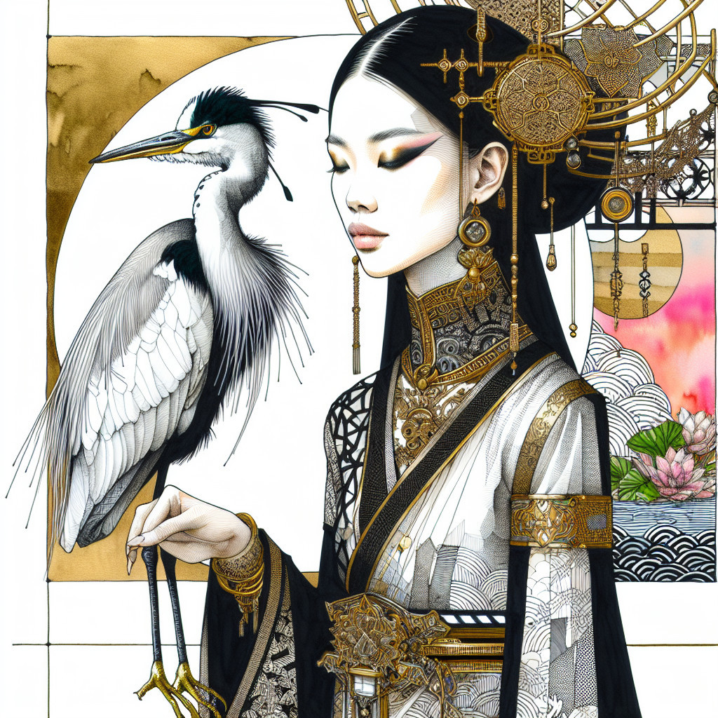 Woman in Traditional Attire with Heron and Water Lily