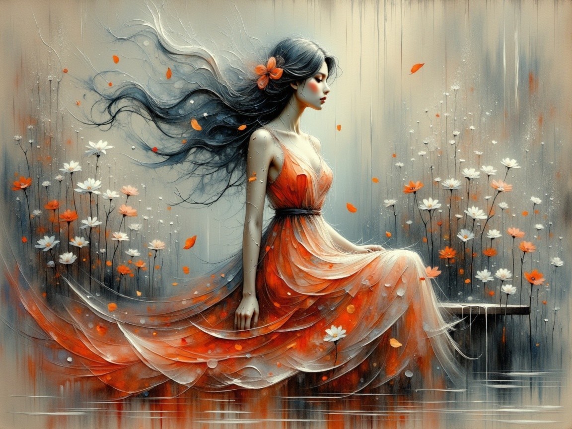 Serene Woman in Orange Dress Surrounded by Flowers