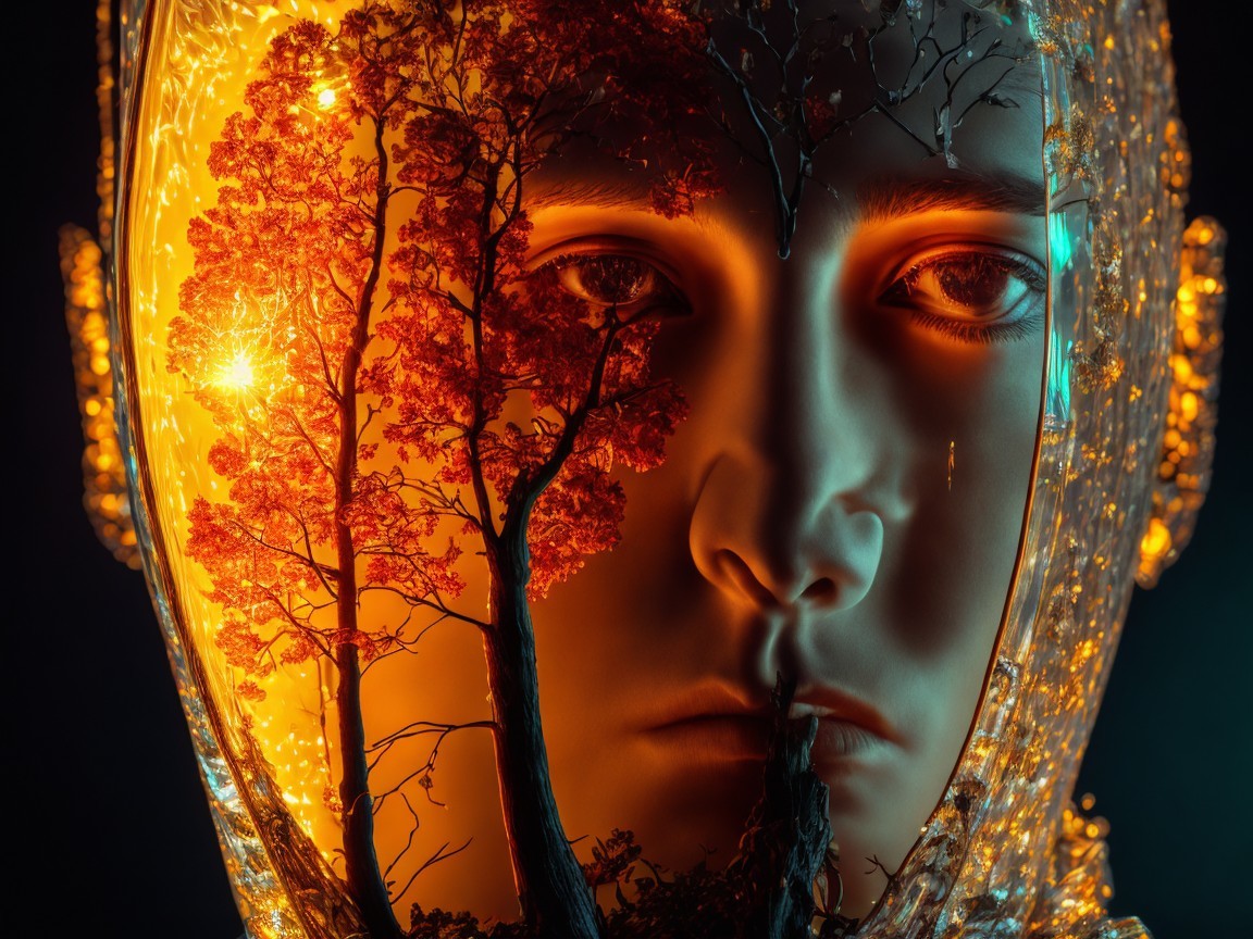 Translucent Humanoid Face with Nature Elements