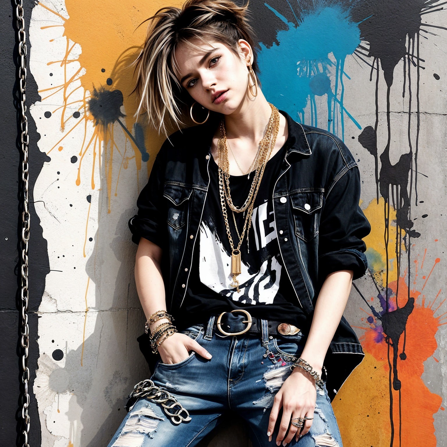 Young Woman in Edgy Outfit by Graffiti Wall
