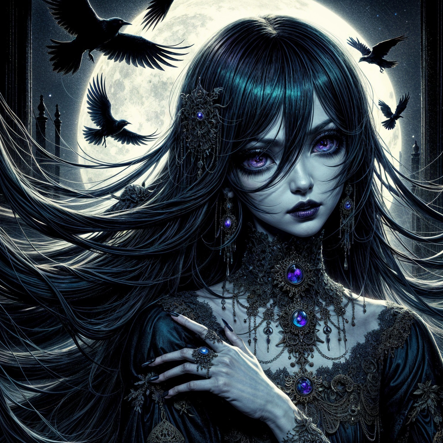 Mysterious Woman Under Full Moon with Crows