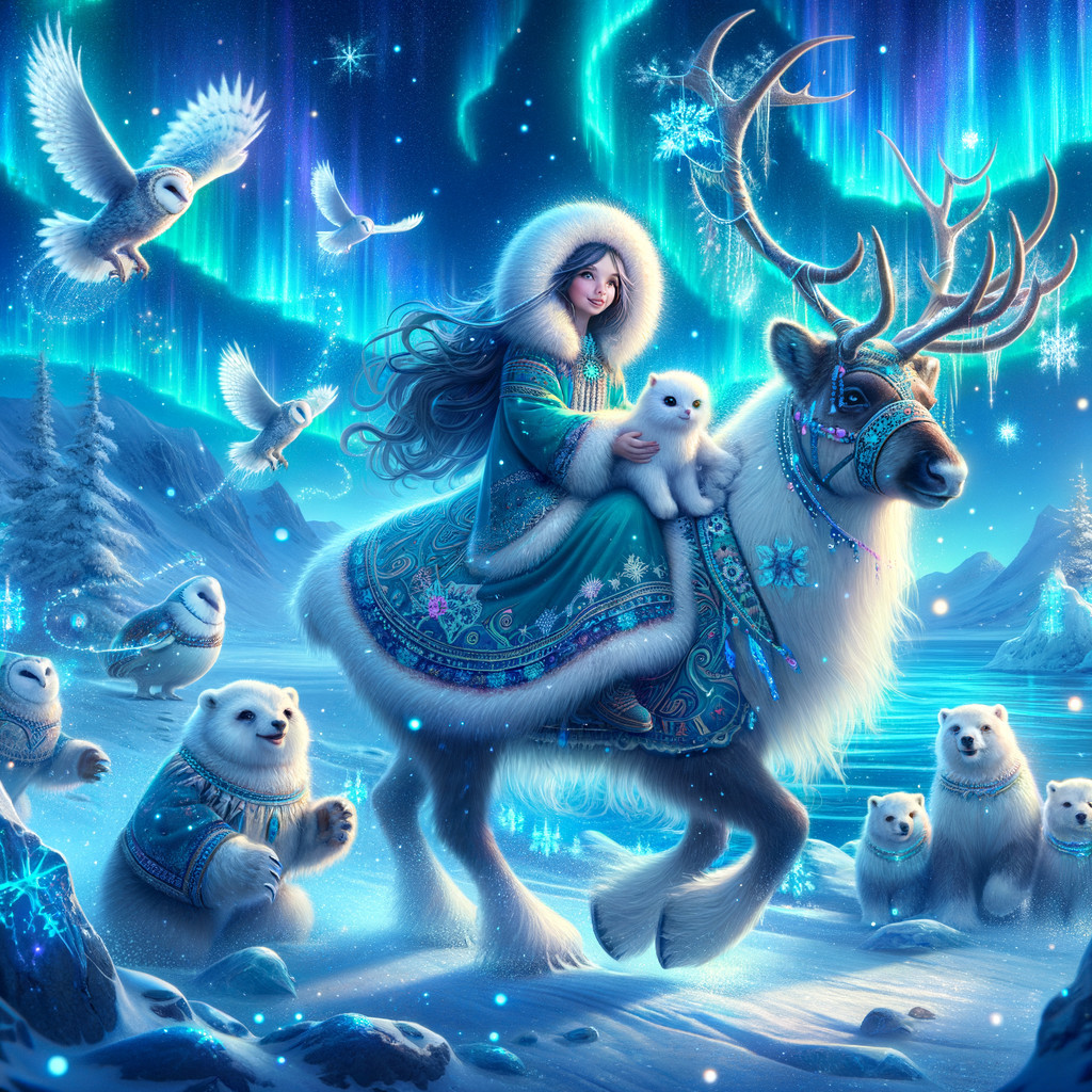 Young Woman on White Reindeer Under Aurora Borealis