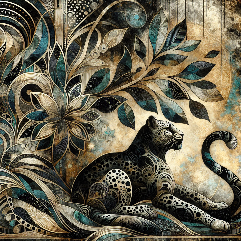 Stylized leopard among intricate leaves and flowers