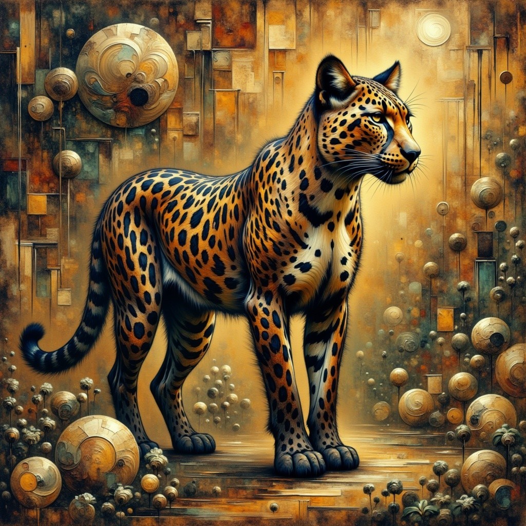 Stylized leopard against abstract geometric background