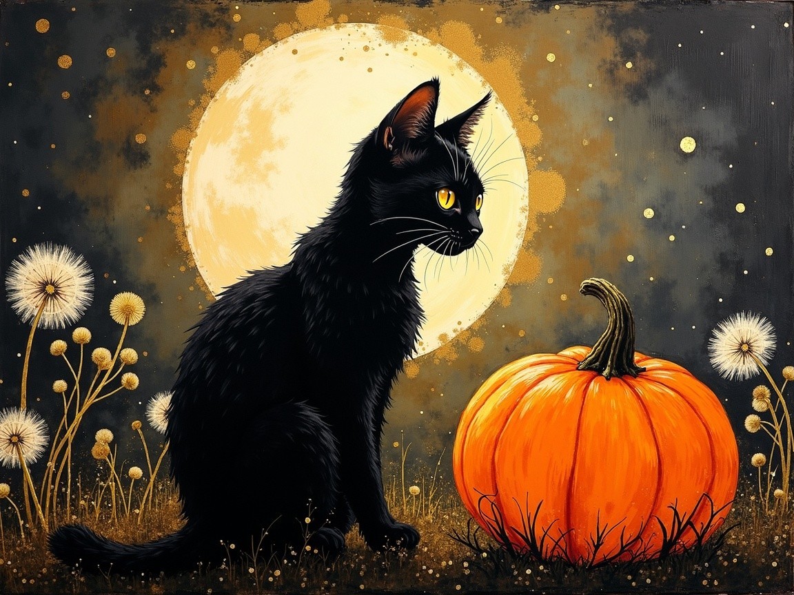Black Cat and Pumpkin Under a Full Moon Scene