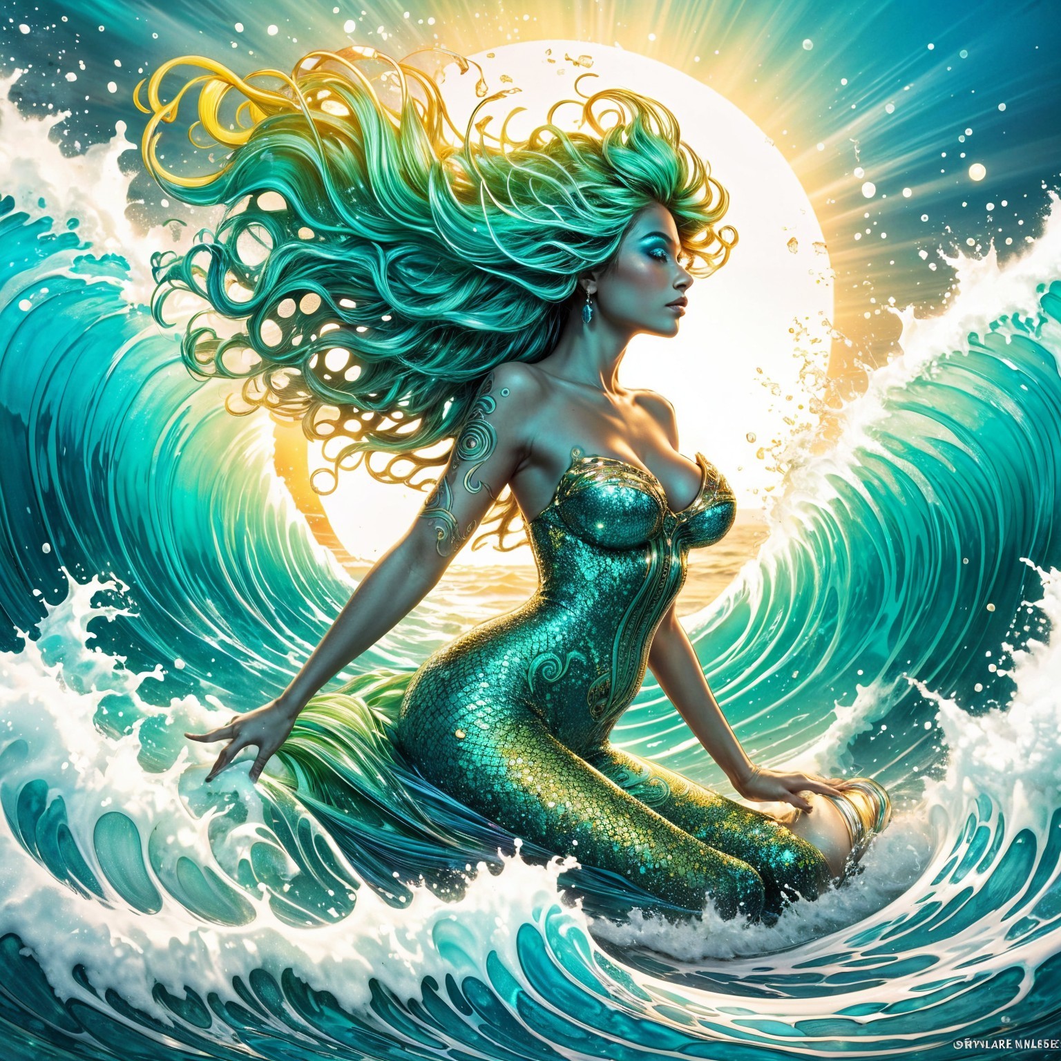 Mermaid on a Wave with Turquoise Hair and Ocean Colors