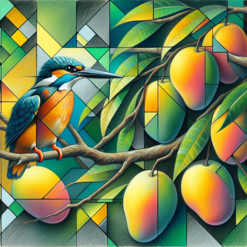 Vibrant Artwork of Kingfisher and Colorful Mangoes