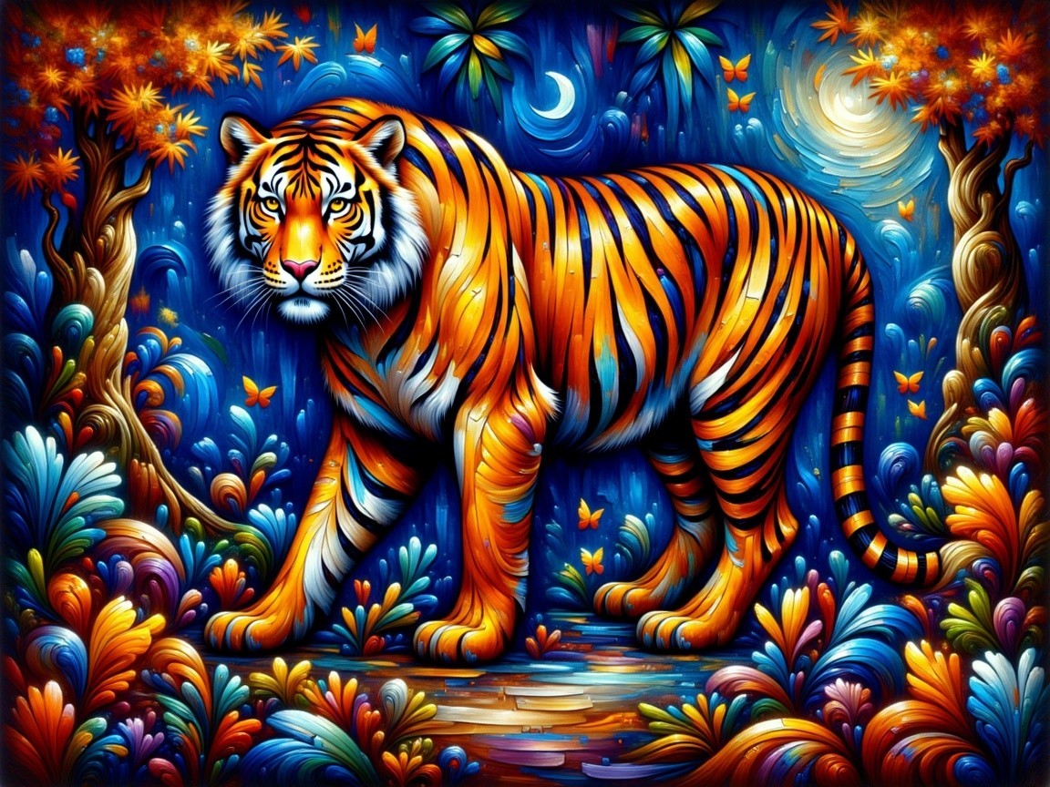 Colorful Tiger in a Fantastical Moonlit Landscape