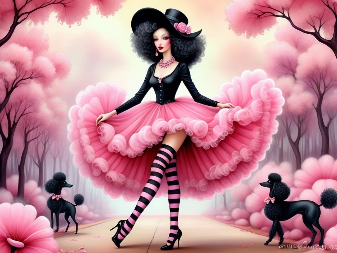 Stylish Woman in Pink Skirt Dances in Whimsical Setting