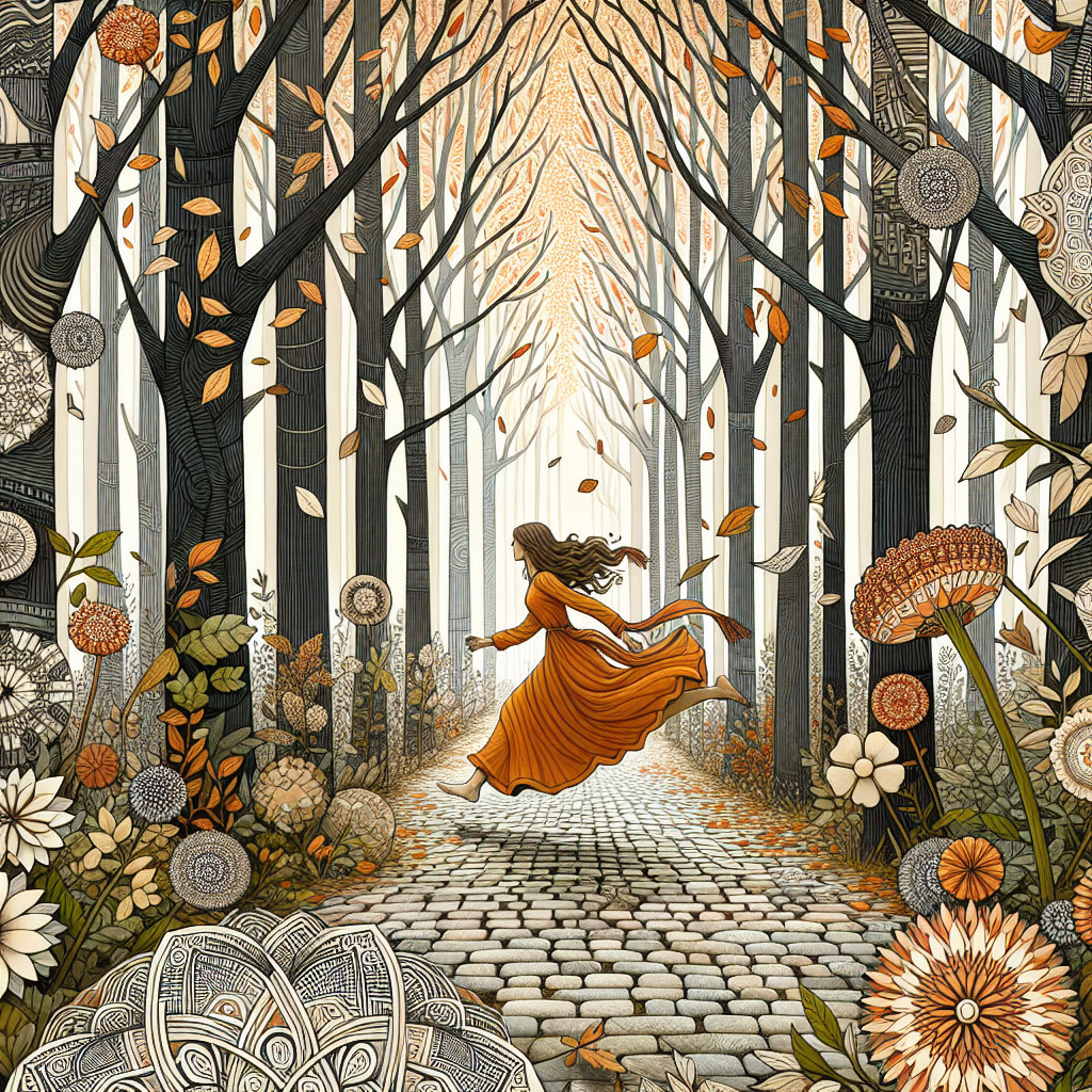 Whimsical Forest Scene with Woman in Orange Gown