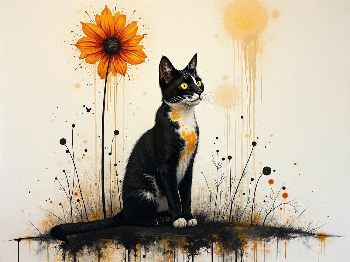 Black and White Cat with Sunflower and Abstract Art