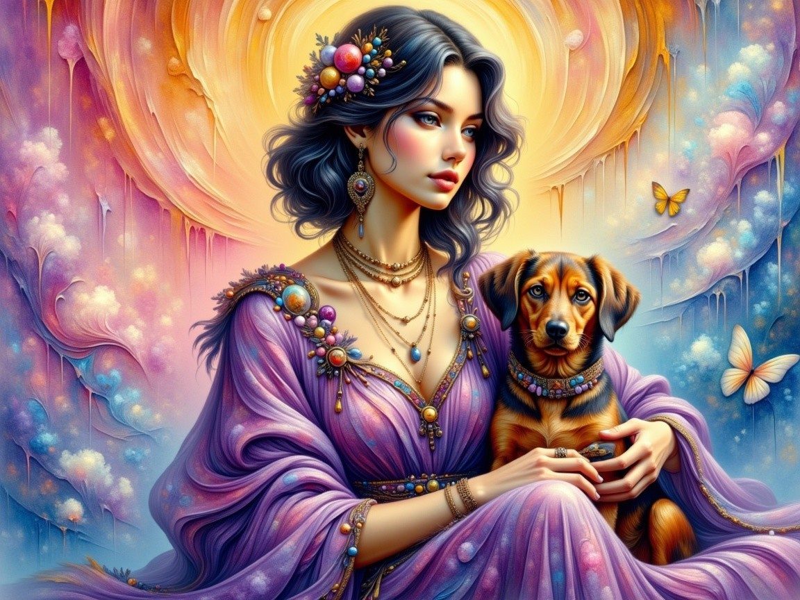 Lavender Gown Woman with Brown Dog in Dreamlike Setting